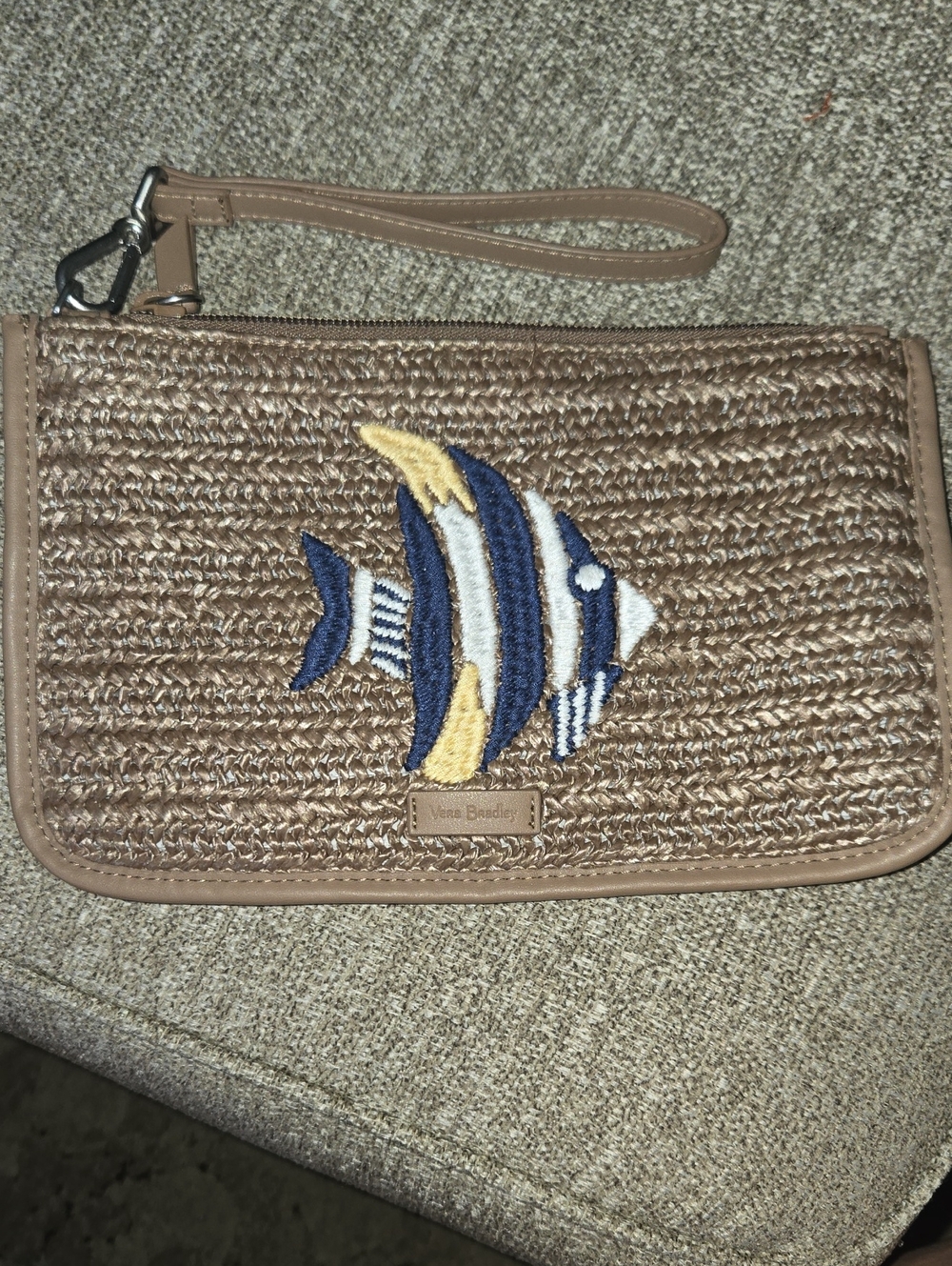 Vera Bradley Straw Wristlet with Navy, Tan & Yellow Fish Embroidery